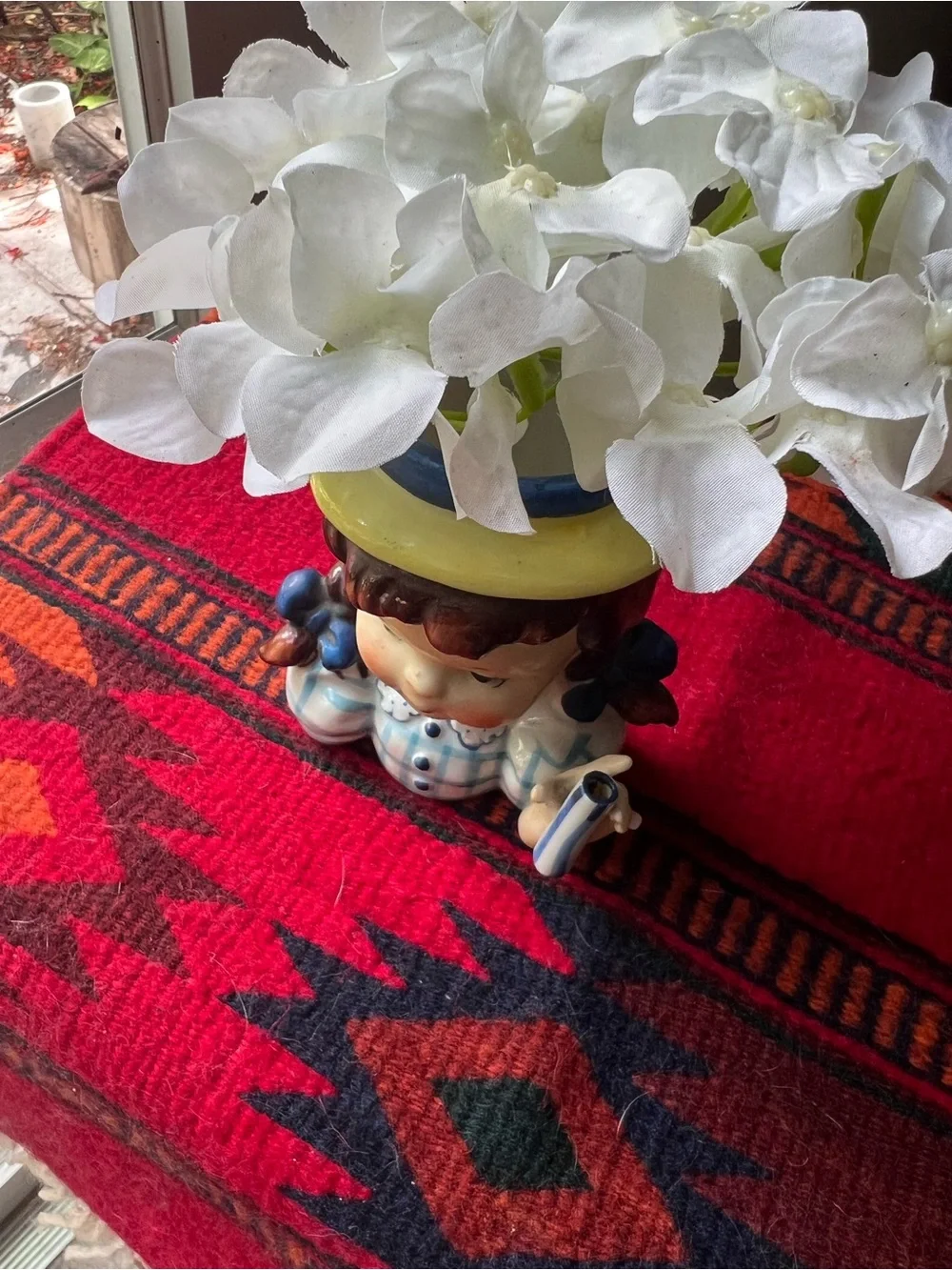Vintage Ceramic Girl with Pigtails Head Vase in Blue, Checkered dress like new - Picture 11 of 14